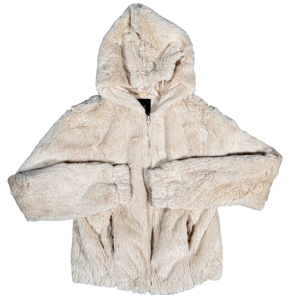 Ambiance Outerwear Faux Fur Hooded Jacket Womens Size S Cream Full Zip Pockets
